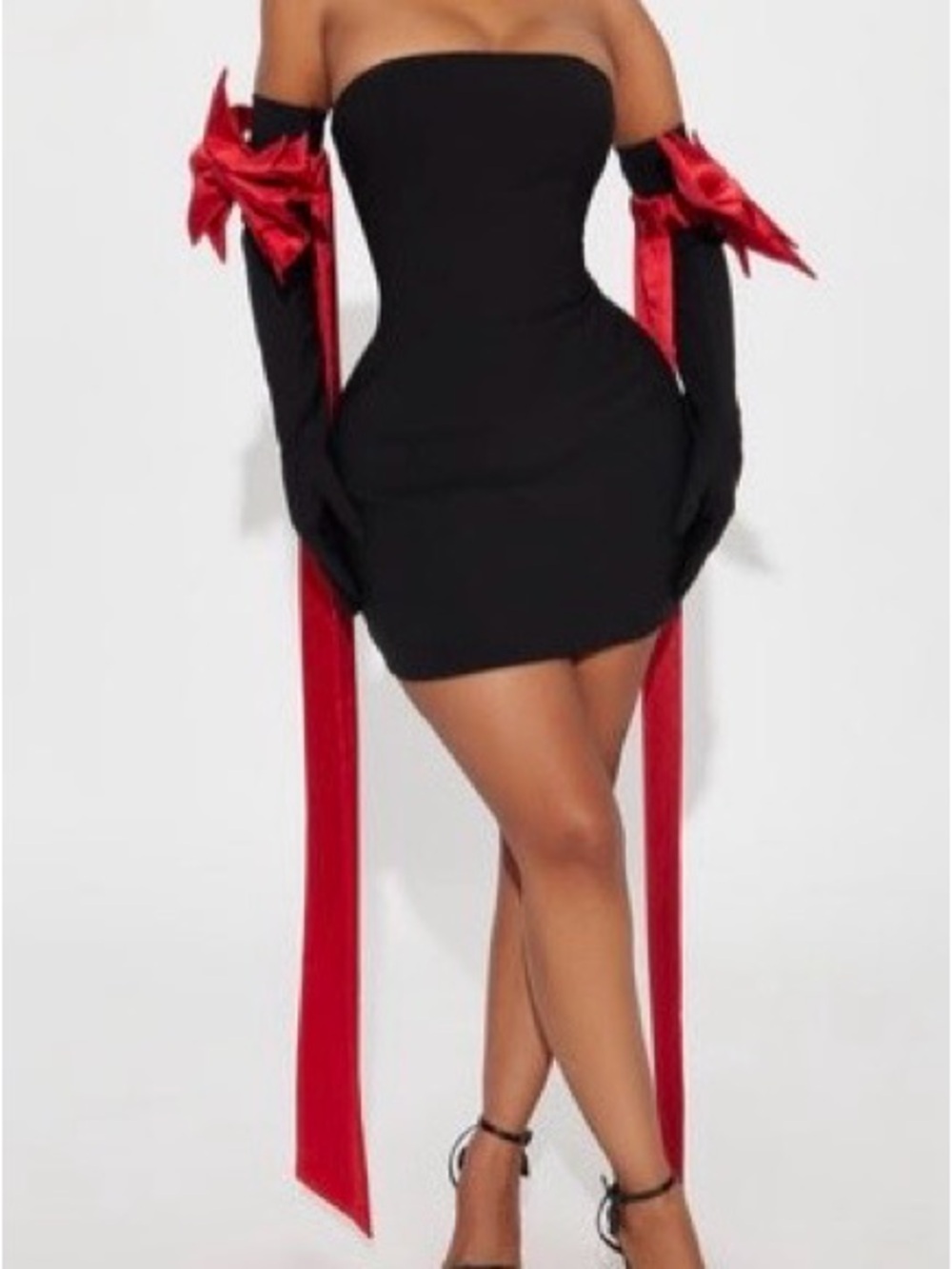 Fashion Nova Black Strapless Mini Dress with Red Ribbon Gloves